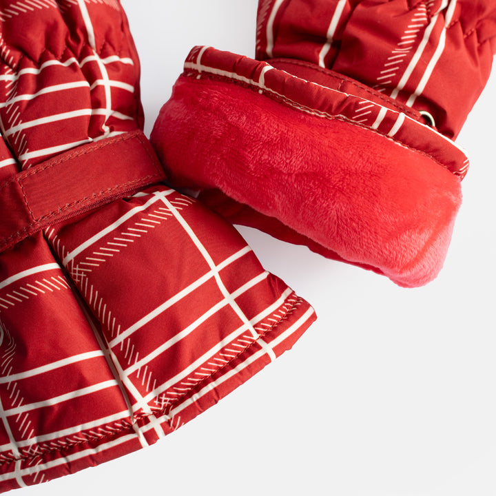 Alternative view of red check padded mittens with a ruched, quilted finish.