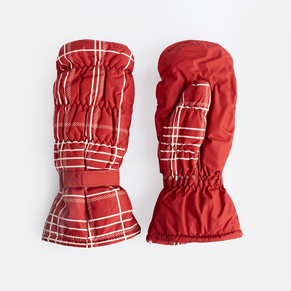 A pair of red padded mittens with a white check print, ruched quilted finish and wrist strap, on a light grey background.
