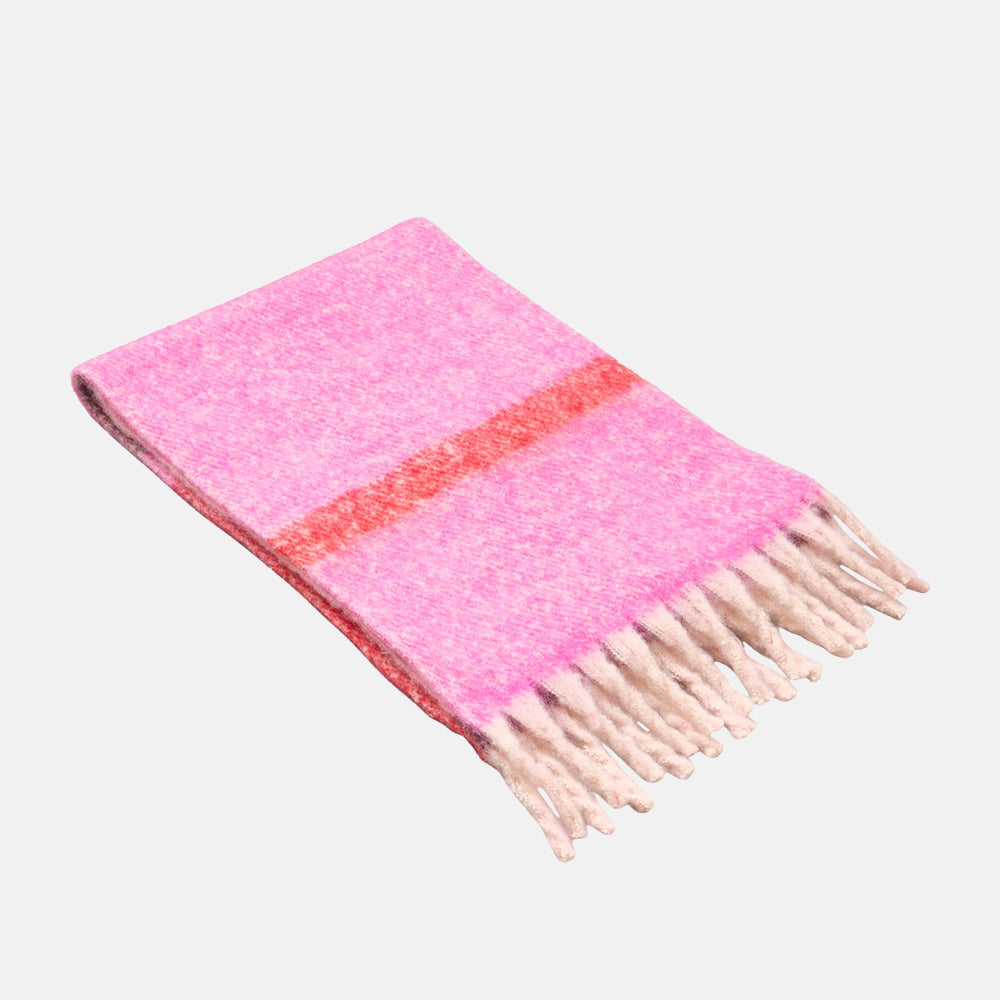 A brushed pink scarf with a red stripe and chunky pale pink fringed ends, folded on a light grey background.