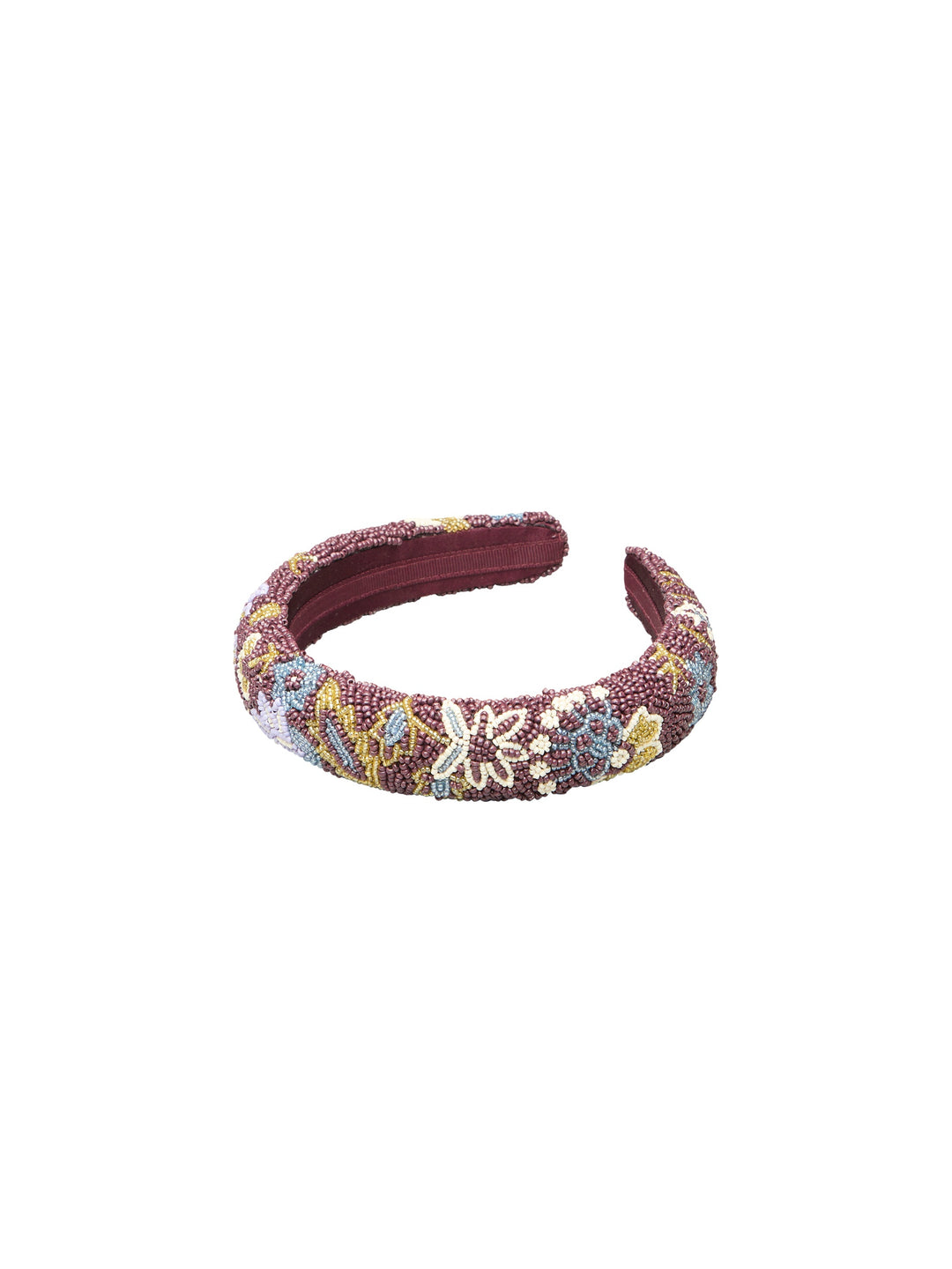 A wide, padded headband featuring a multicolor beaded floral pattern over a deep burgundy base, shown against a plain white background.