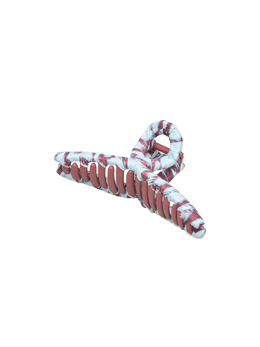A spiral hair claw clip with a red and white marble pattern, shown on a plain white background.