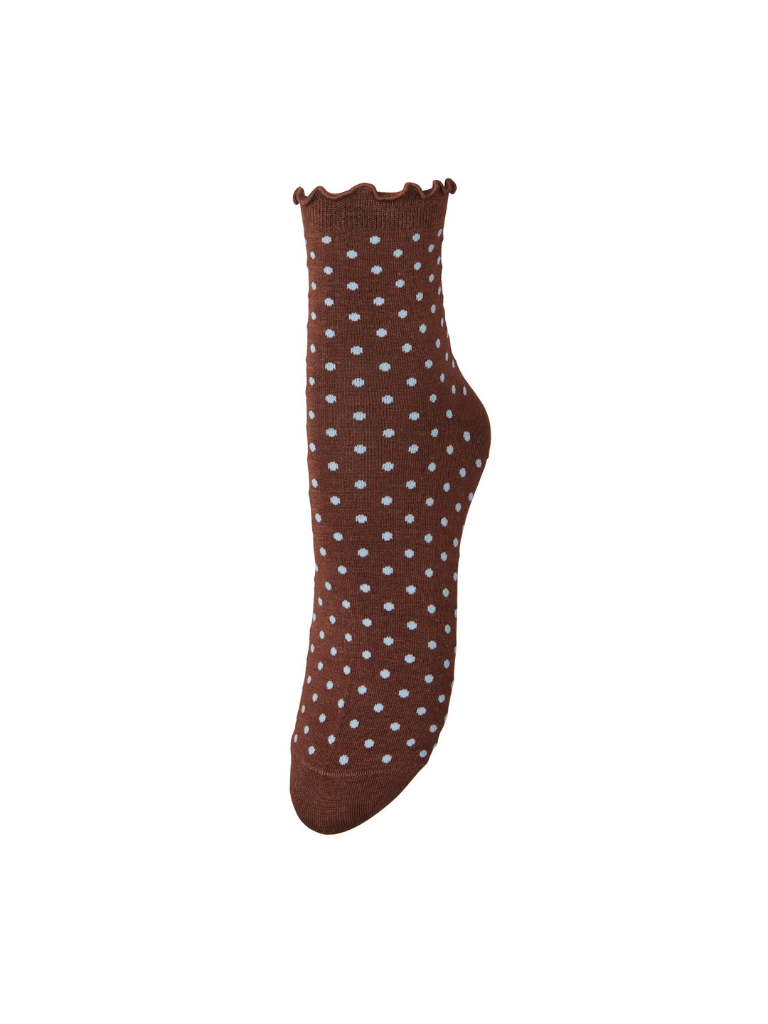 A single brown ankle sock with a light blue polka dot pattern and a scalloped ruffled cuff, shown against a plain white background.