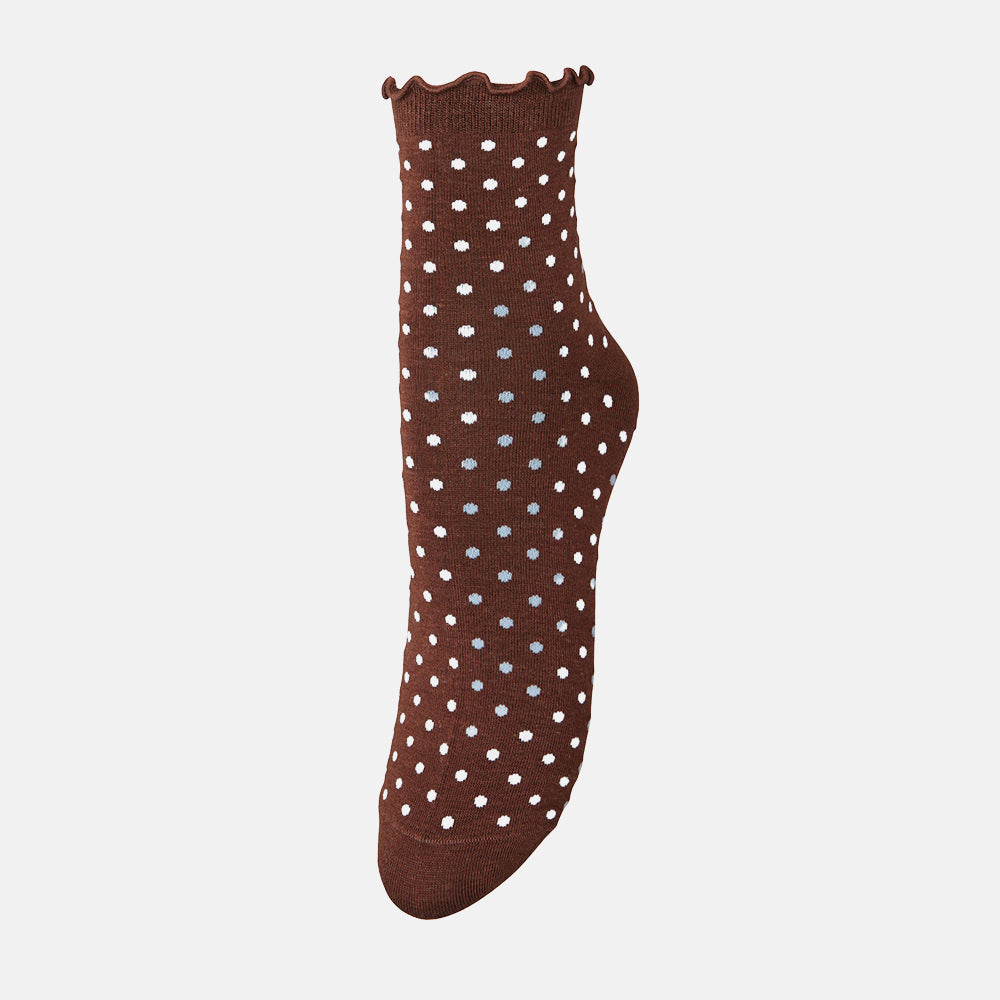 A single brown ankle sock with a light blue polka dot pattern and a scalloped ruffled cuff, shown against a plain white background.