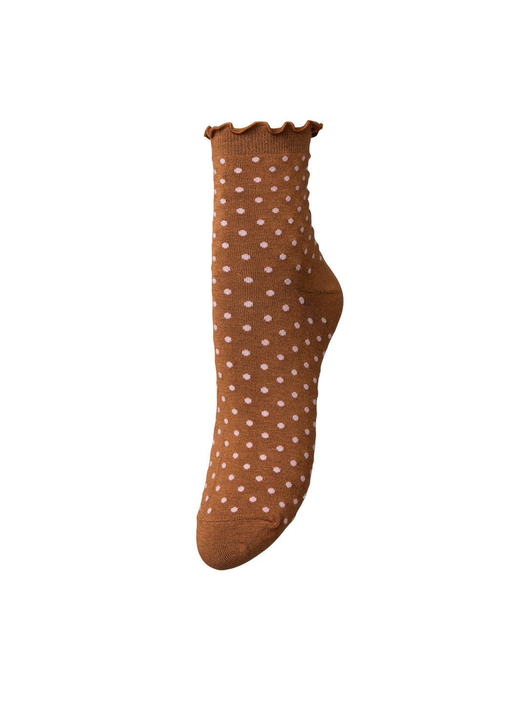 A single brown ankle sock with a white polka dot pattern and a scalloped ruffled cuff, shown against a plain white background.