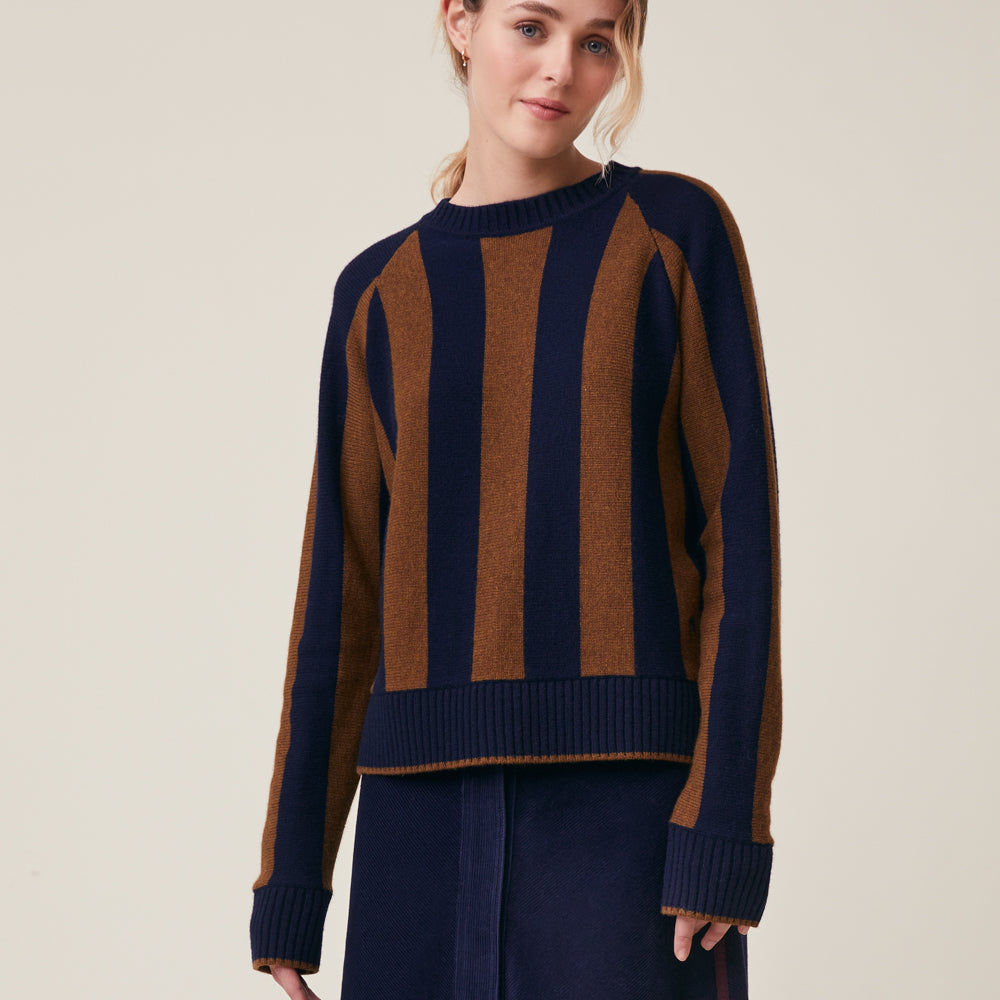 A woman wearing a cropped knit sweater with vertical stripes in navy blue and brown, paired with a dark navy skirt, against a plain light beige studio background.