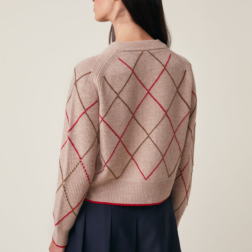 A woman shown from the back wearing a cropped knit sweater with a beige base and an argyle pattern in brown, red, and black, paired with a dark navy skirt against a light beige studio background.