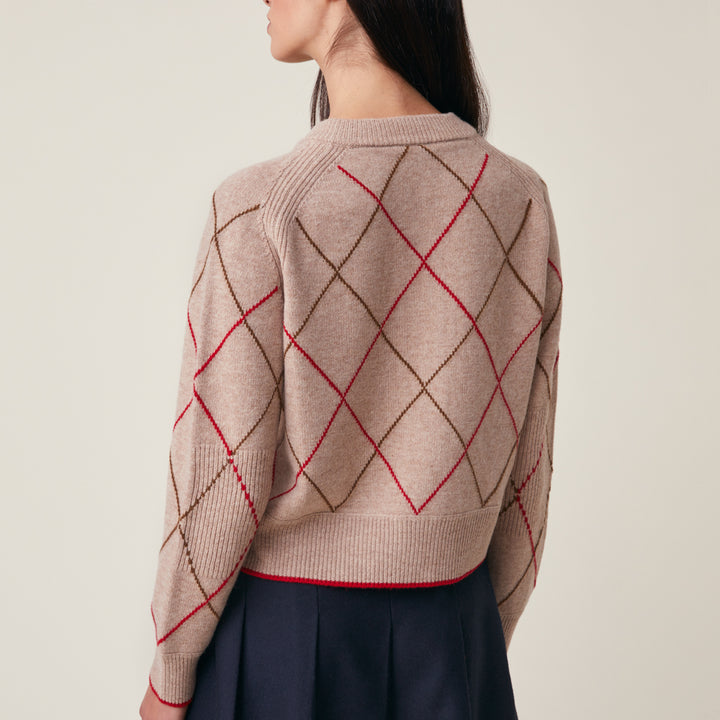 A woman shown from the back wearing a cropped knit sweater with a beige base and an argyle pattern in brown, red, and black, paired with a dark navy skirt against a light beige studio background.
