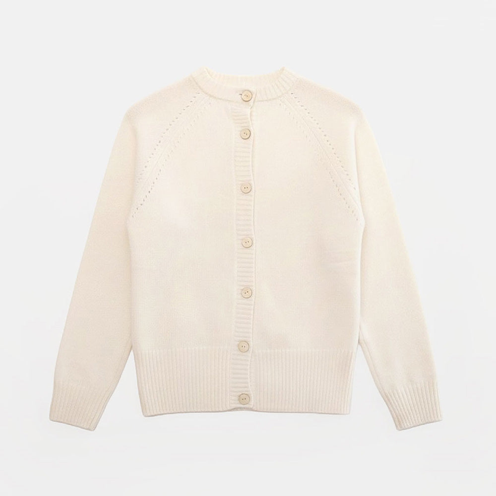 An off-white knit cardigan sweater with a mock neck, raglan sleeves, and a button-up back, displayed on a clean white background.