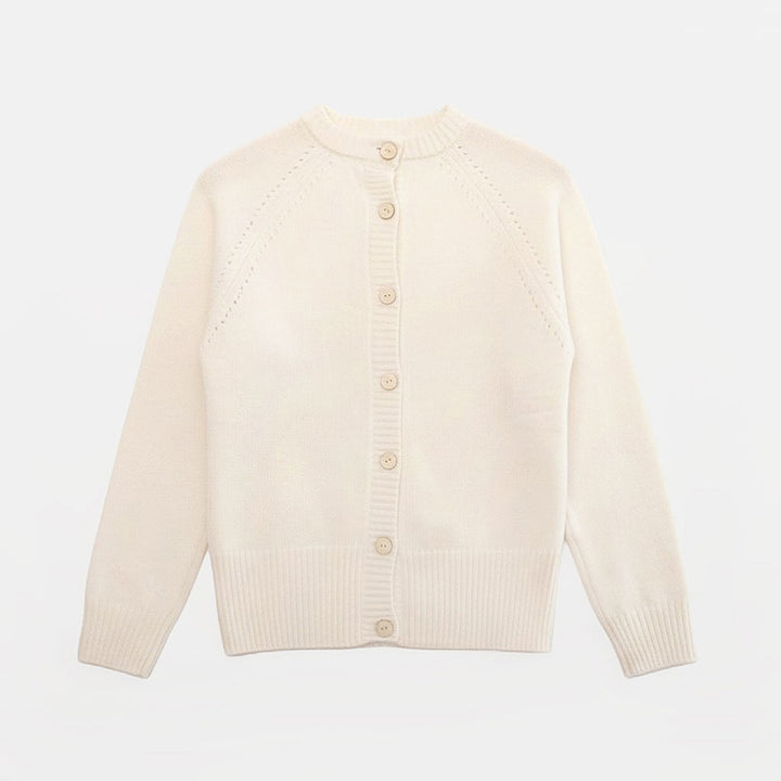 An off-white knit cardigan sweater with a mock neck, raglan sleeves, and a button-up back, displayed on a clean white background.