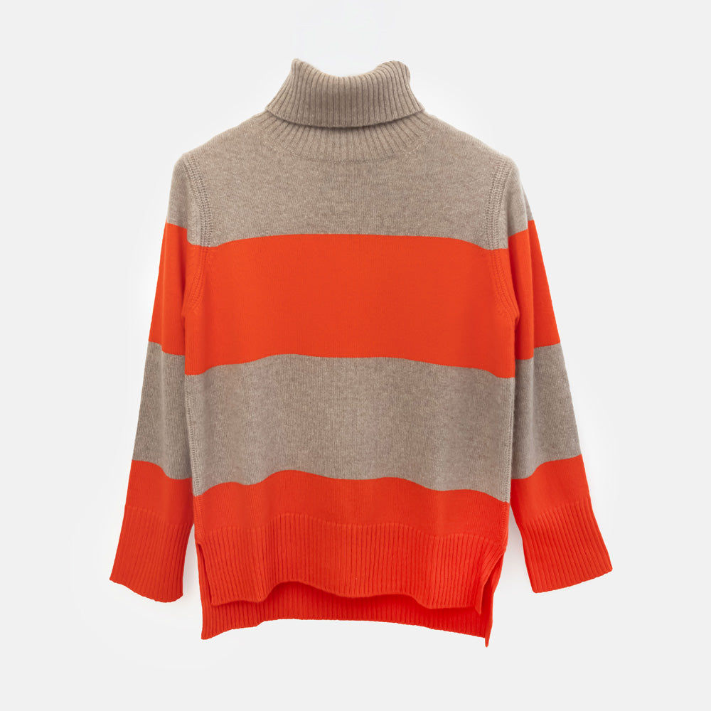 A knit roll neck sweater with wide horizontal stripes in warm gray and bright orange, shown against a plain light gray background.