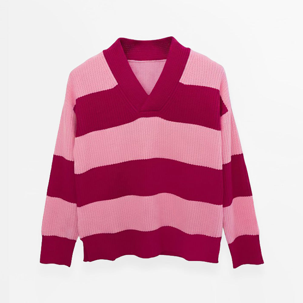 A pink and magenta striped ribbed knit sweater with a V-neck, displayed on a clean white background.