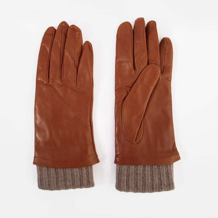 A pair of brown leather gloves with ribbed knit cuffs, shown flat against a plain white background.