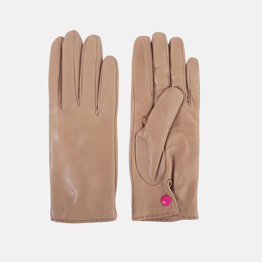 A pair of tan leather gloves shown flat against a light gray background, with one glove displaying the back and the other showing the palm side with a small pink button closure.
