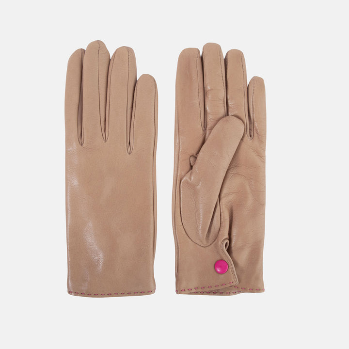 A pair of tan leather gloves shown flat against a light gray background, with one glove displaying the back and the other showing the palm side with a small pink button closure.