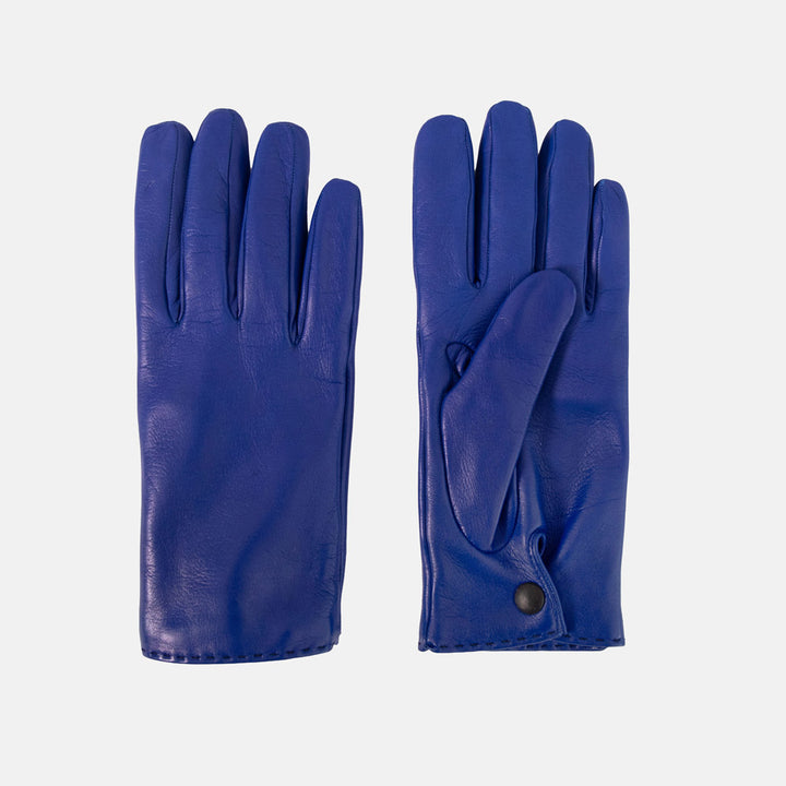 A pair of royal blue leather gloves, one showing the back of the hand and the other showing the palm side with a snap button closure, set against a plain light gray background.