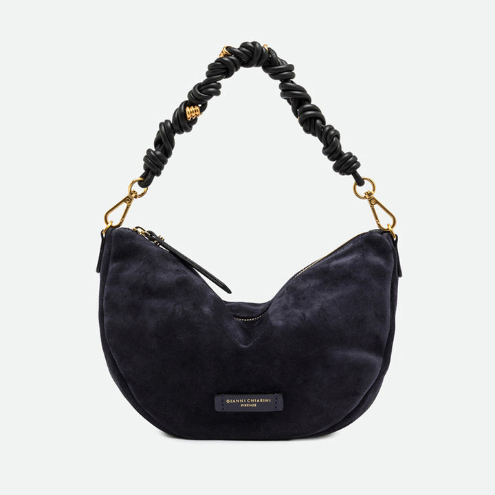 Navy suede half moon shoulder bag with a ruched black leather handle and gold hardware
