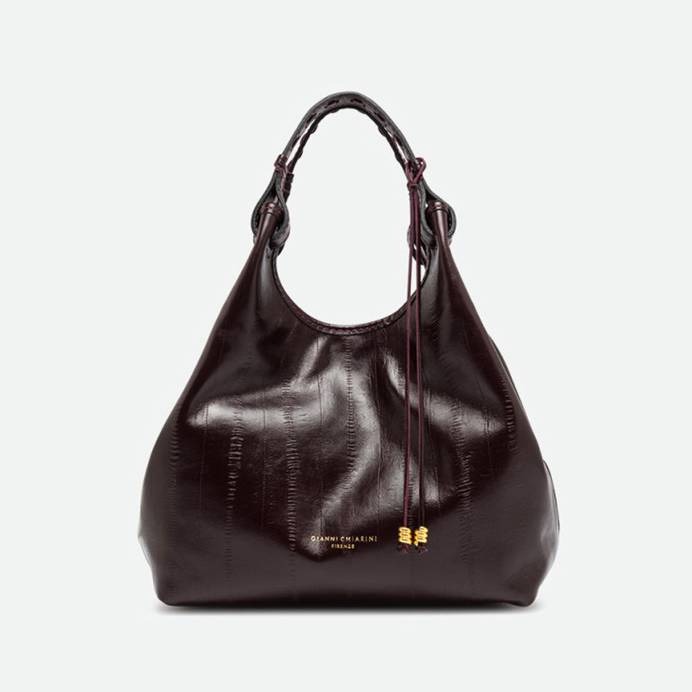 Glossy dark burgundy leather tote bag with knotted handles and a gold clasp
