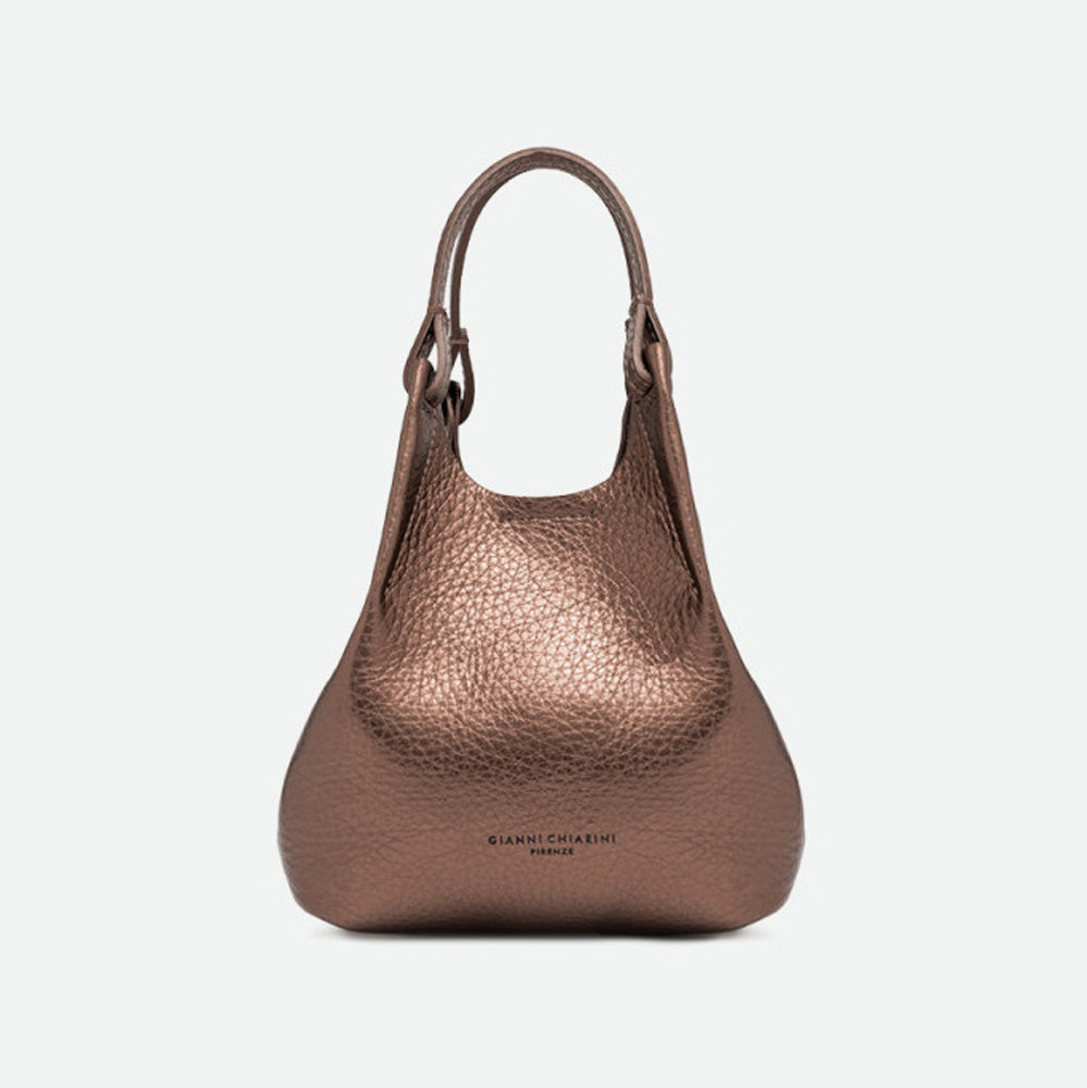 Small bronze metallic leather tote bag with knotted handles and a slouchy shape