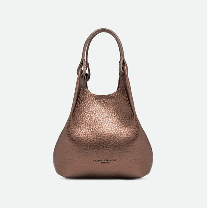 Small bronze metallic leather tote bag with knotted handles and a slouchy shape