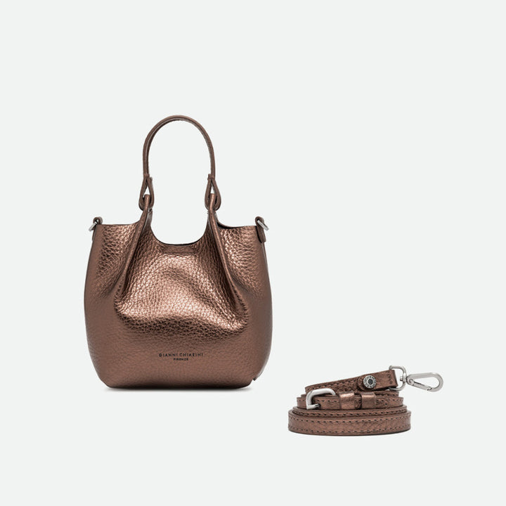 Small bronze metallic tote with its sides opened out, beside a separate shoulder strap