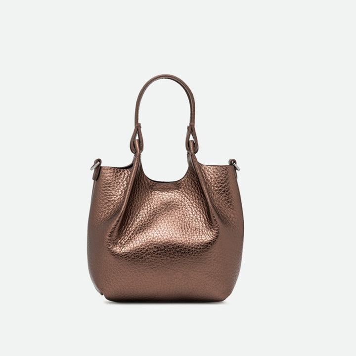 Front of a small bronze metallic leather tote with its sides opened out