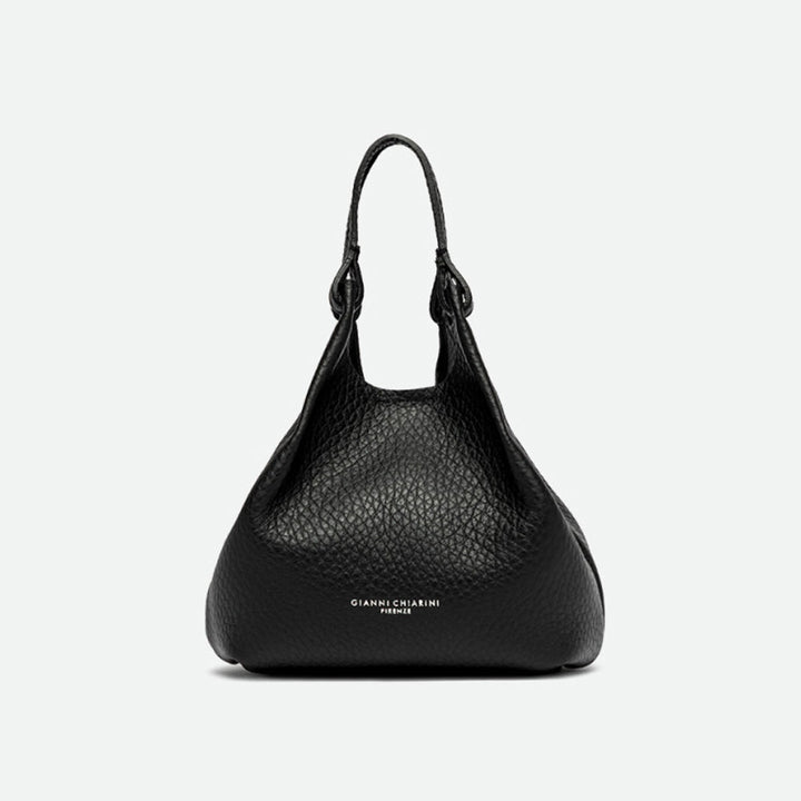 Small black pebbled leather tote bag with knotted handles and a slouchy shape