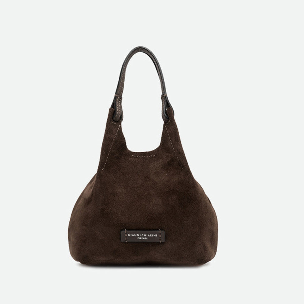 Small dark brown suede tote bag with leather handles and a slouchy shape