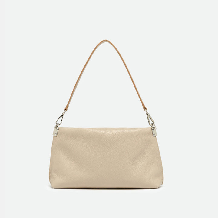 Back of a slim cream leather shoulder bag