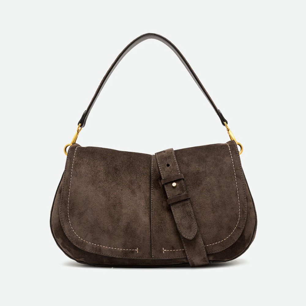 Dark brown suede saddle bag with a curved flap, buckled strap and gold hardware