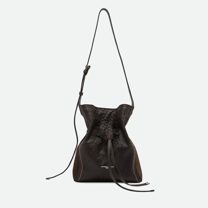 Dark brown textured leather drawstring bucket bag with a long shoulder strap