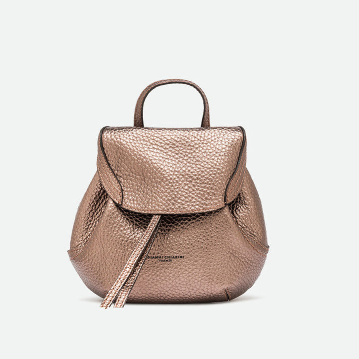 Small bronze metallic leather backpack with a drawstring top and flap