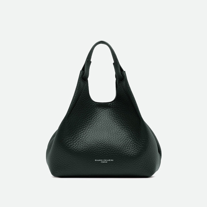Dark green pebbled leather tote bag with knotted handles and a slouchy shape