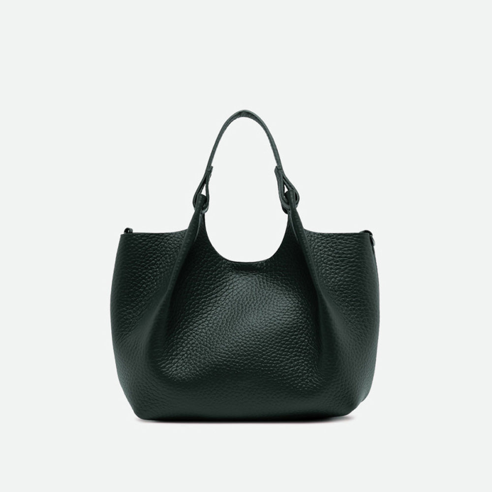 Front of a dark green pebbled leather tote with its sides opened out