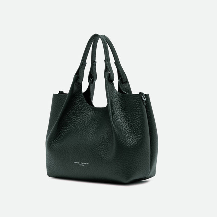 Angled view of a dark green pebbled leather tote bag