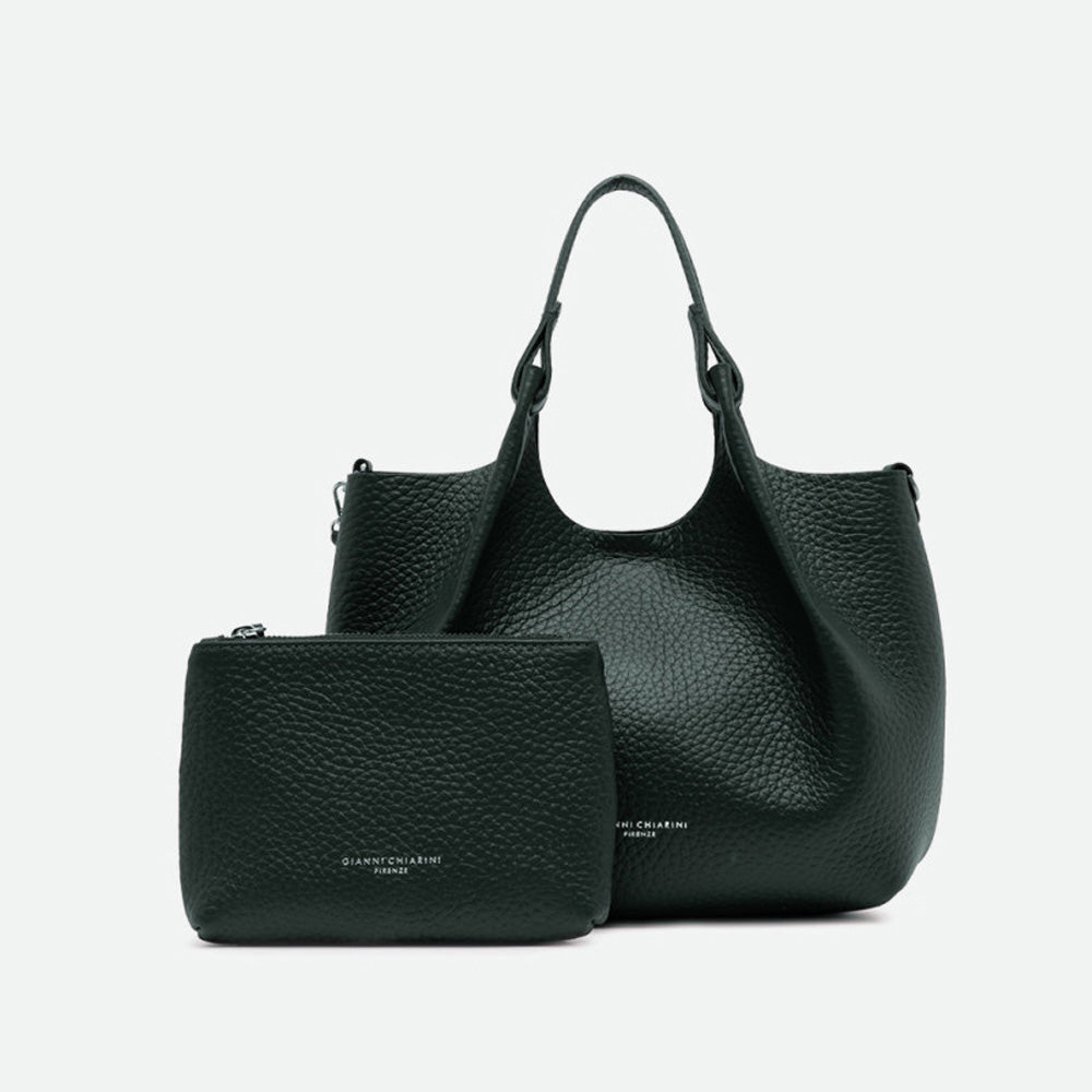 Dark green leather tote bag shown with a matching zip pouch