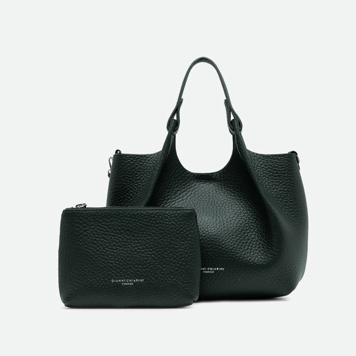 Dark green leather tote bag shown with a matching zip pouch
