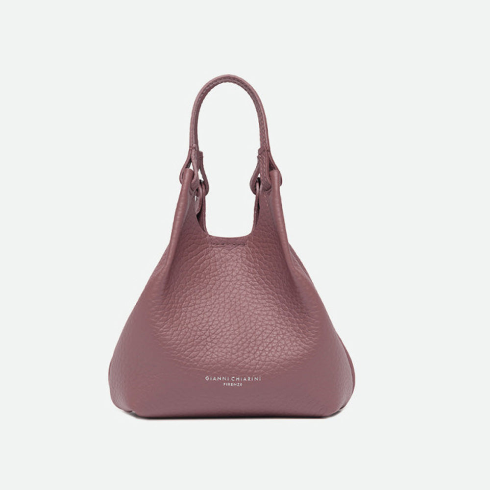 Small dusty pink pebbled leather tote bag with knotted handles and a slouchy shape
