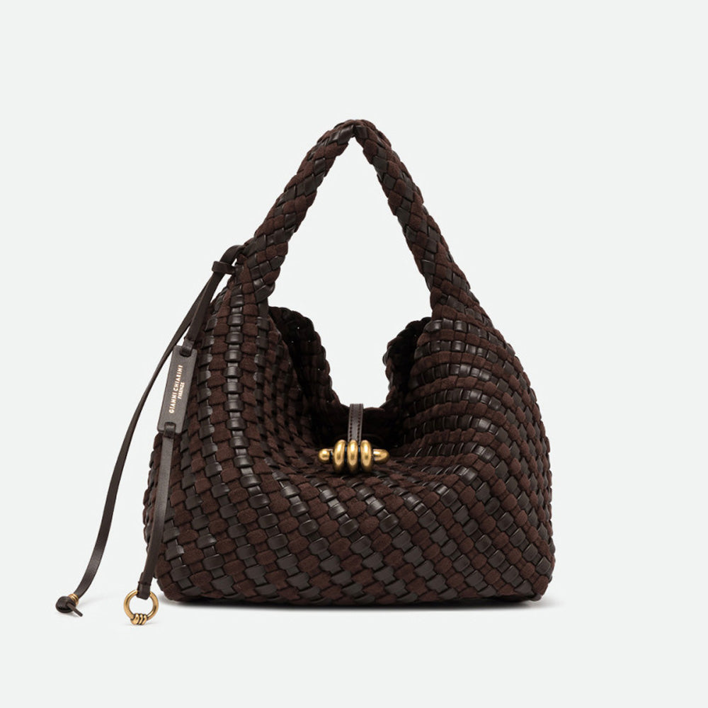 Dark brown woven leather hobo bag with a gold knot clasp and drawstring ties