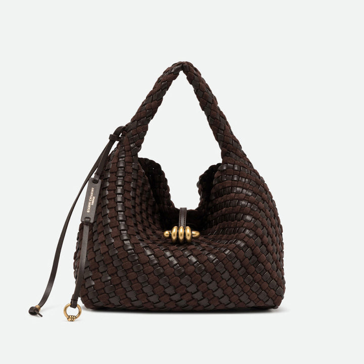 Dark brown woven leather hobo bag with a gold knot clasp and drawstring ties