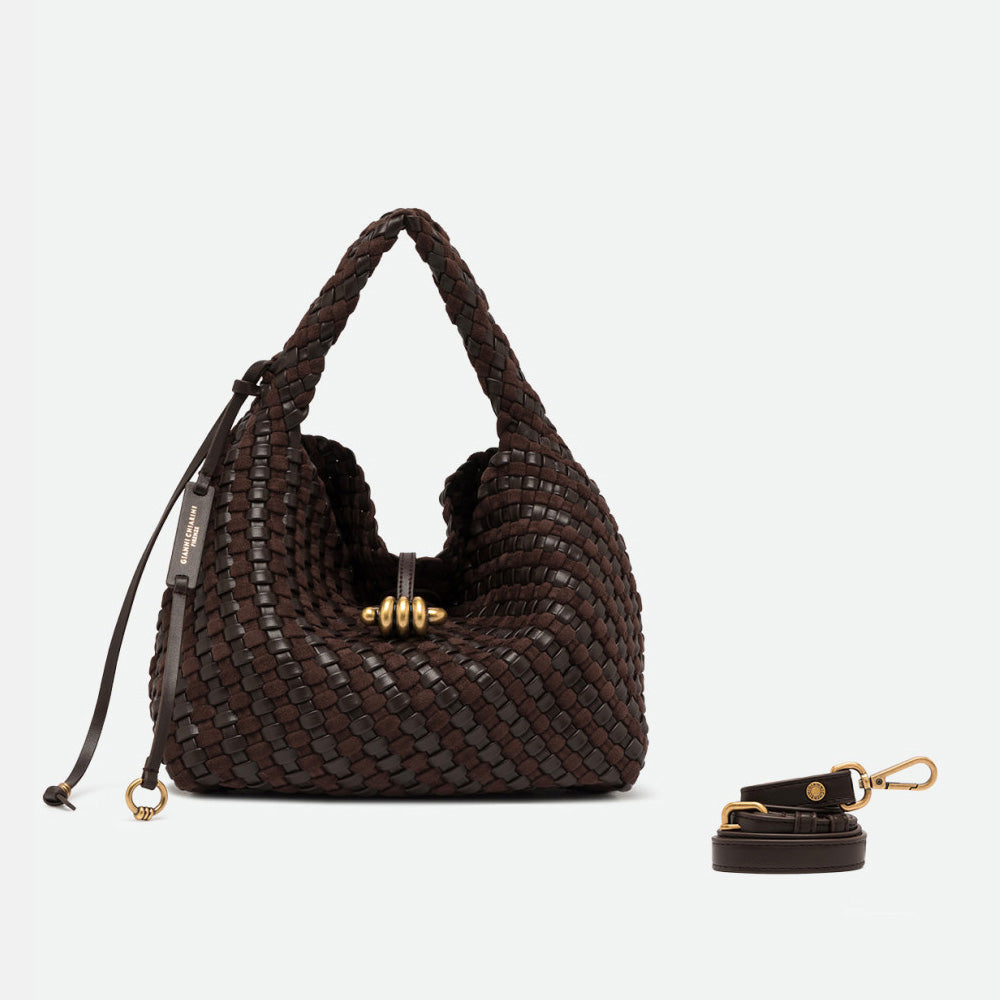 Dark brown woven leather hobo bag shown beside a separate shoulder strap