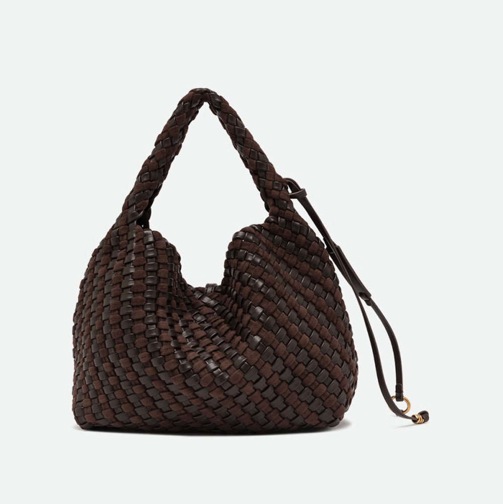 Back of a dark brown woven leather hobo bag