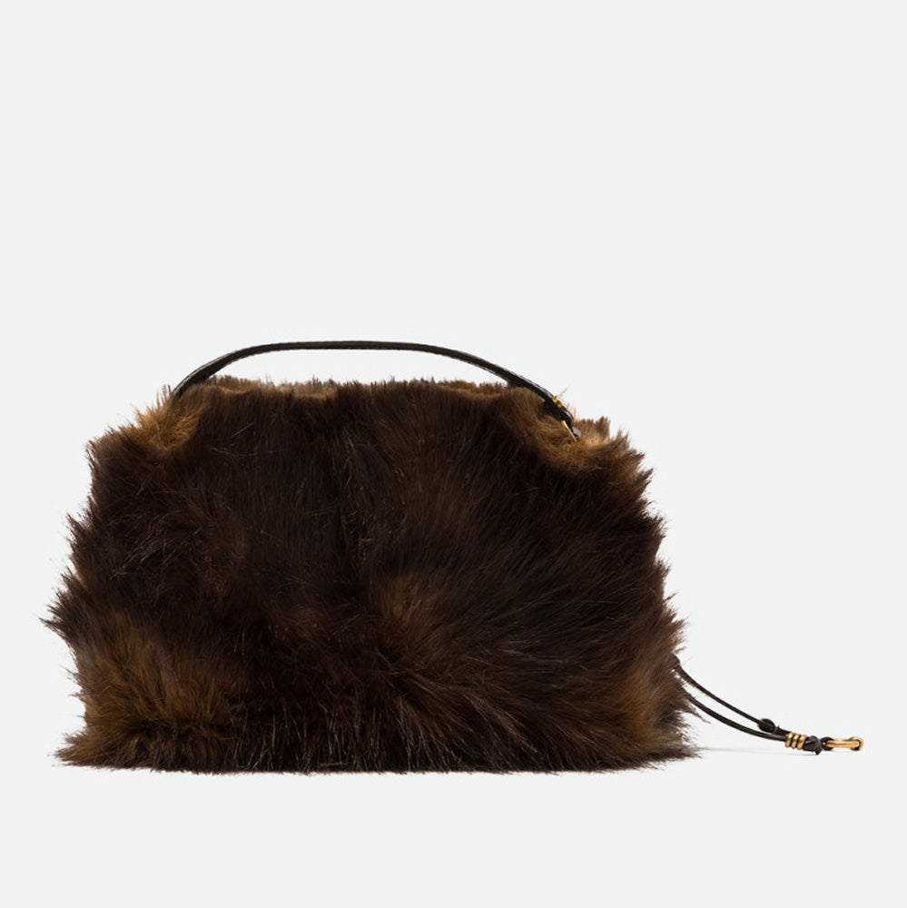 Front of a brown faux fur handbag with a zip top