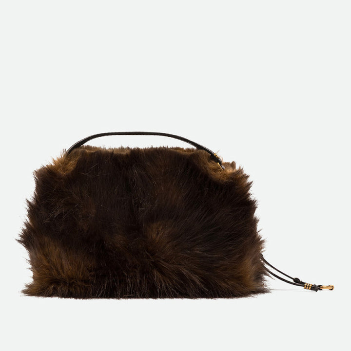 Front of a brown faux fur handbag with a zip top