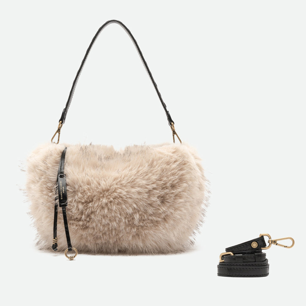 Cream faux fur shoulder bag shown beside a separate black crossbody strap