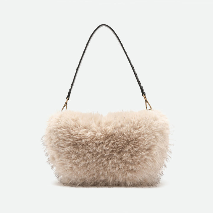 Back of a cream faux fur shoulder bag