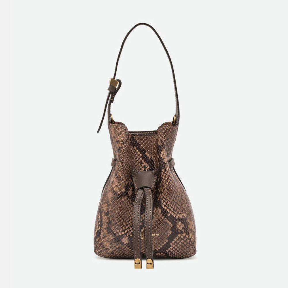 Small brown snake print leather drawstring bucket bag with a shoulder strap