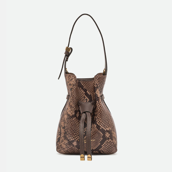 Small brown snake print leather drawstring bucket bag with a shoulder strap