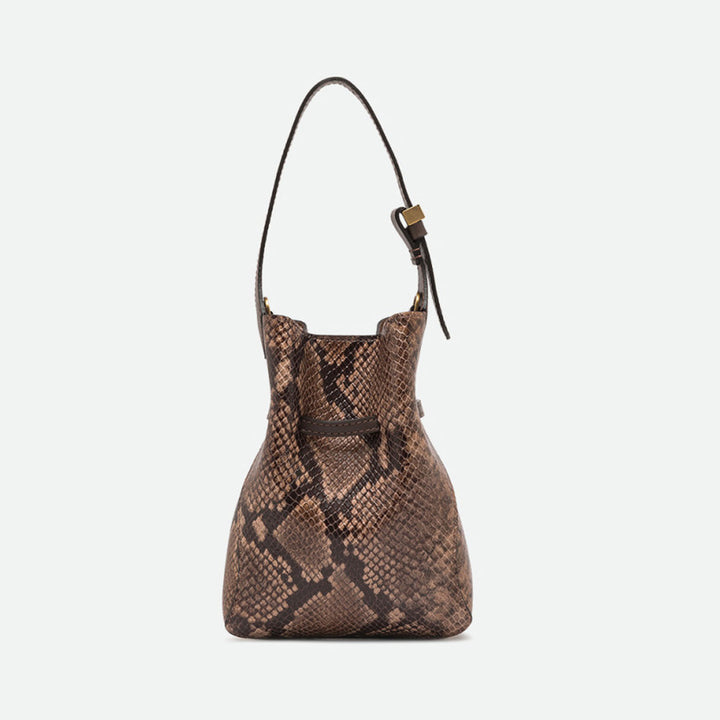 Back of a small brown snake print leather bucket bag