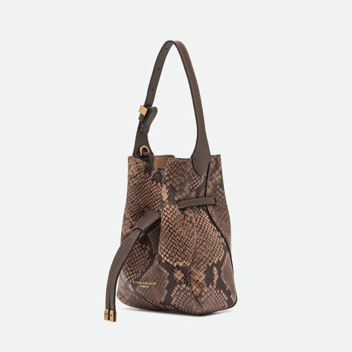 Side view of a brown snake print bucket bag with gold-tipped drawstrings
