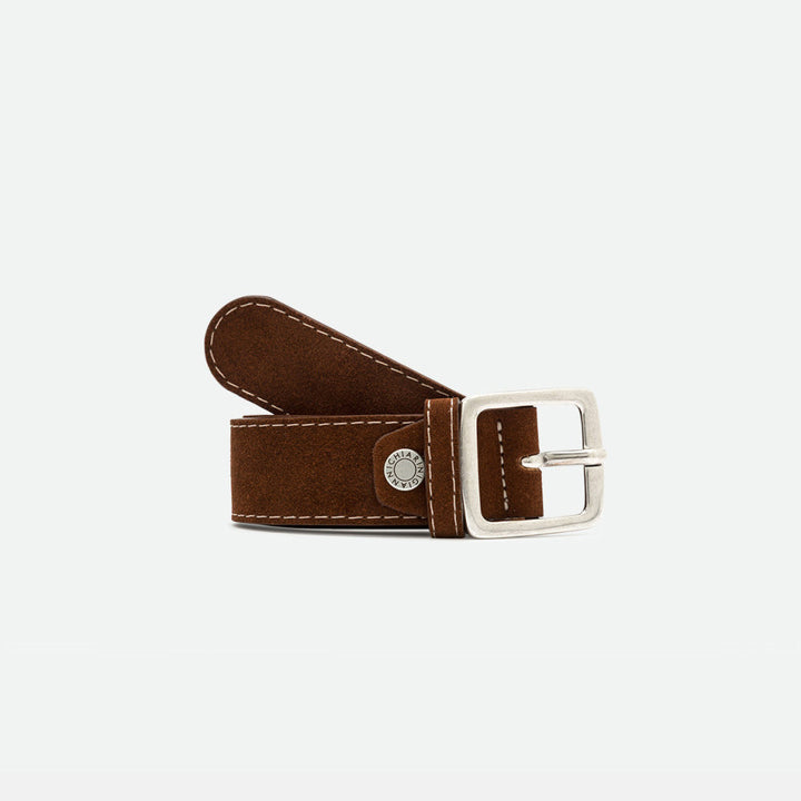 Rolled brown suede belt with a silver square buckle and contrast stitching